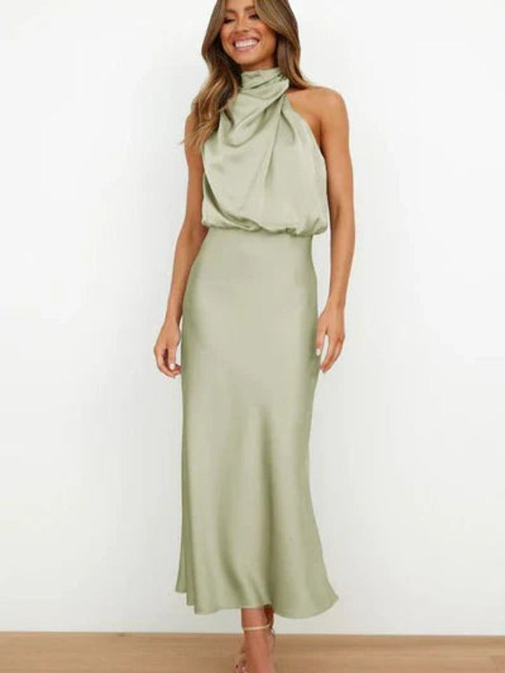 Women's Satin Halter Neck Fall Midi Dress