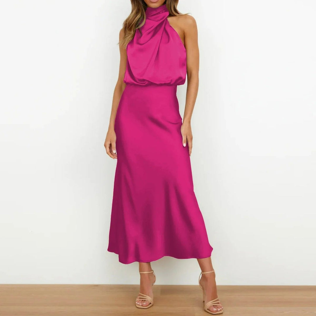 Women's Satin Halter Neck Fall Midi Dress Sleeveless