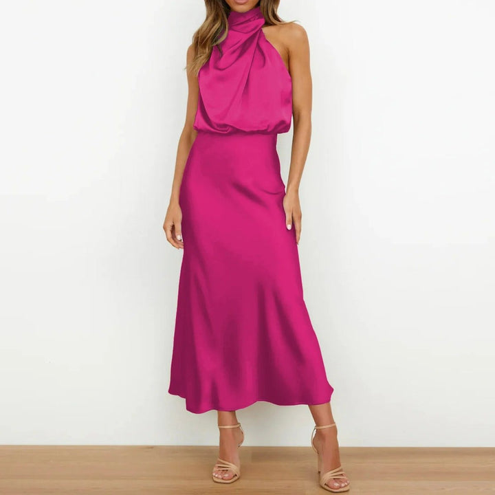 Women's Satin Halter Neck Fall Midi Dress Sleeveless
