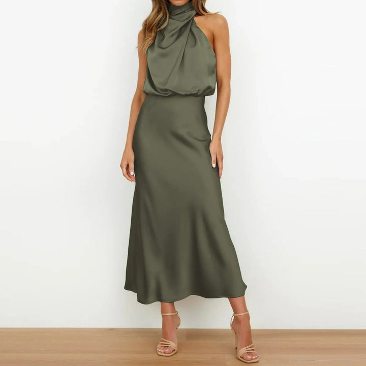 Women's Satin Halter Neck Fall Midi Dress Sleeveless