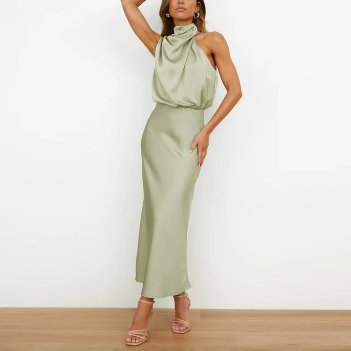 Women's Satin Halter Neck Fall Midi Dress Sleeveless