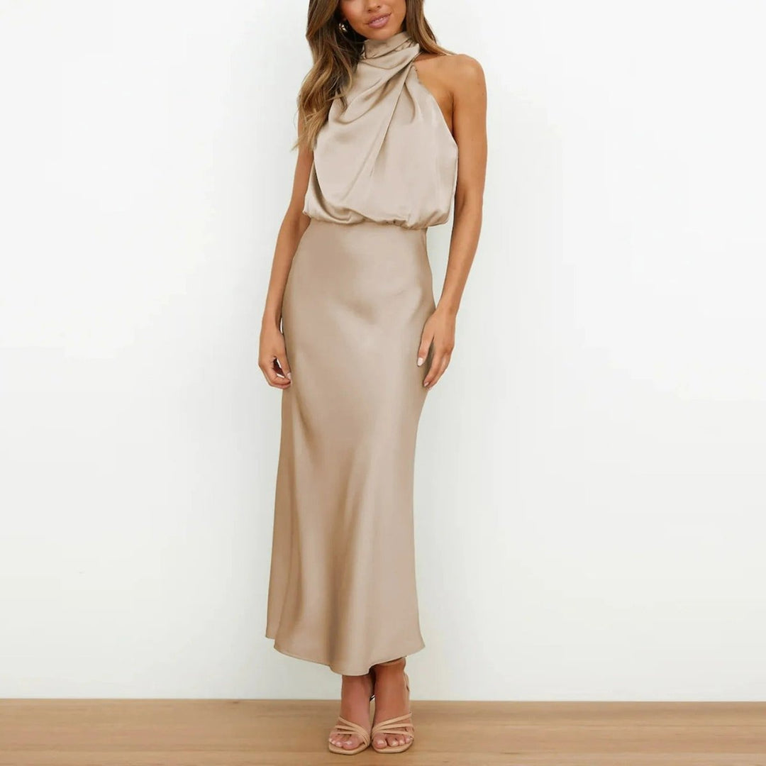 Women's Satin Halter Neck Fall Midi Dress Sleeveless