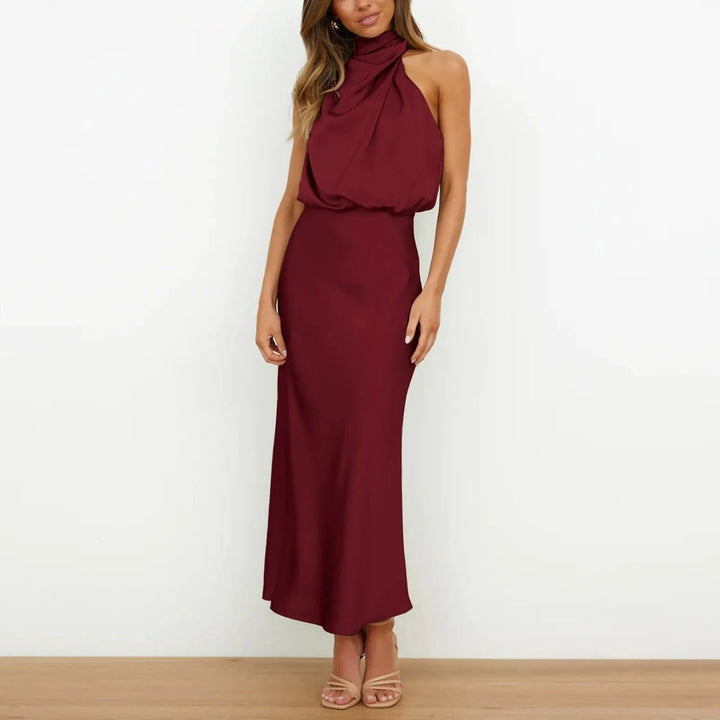 Women's Satin Halter Neck Fall Midi Dress Sleeveless