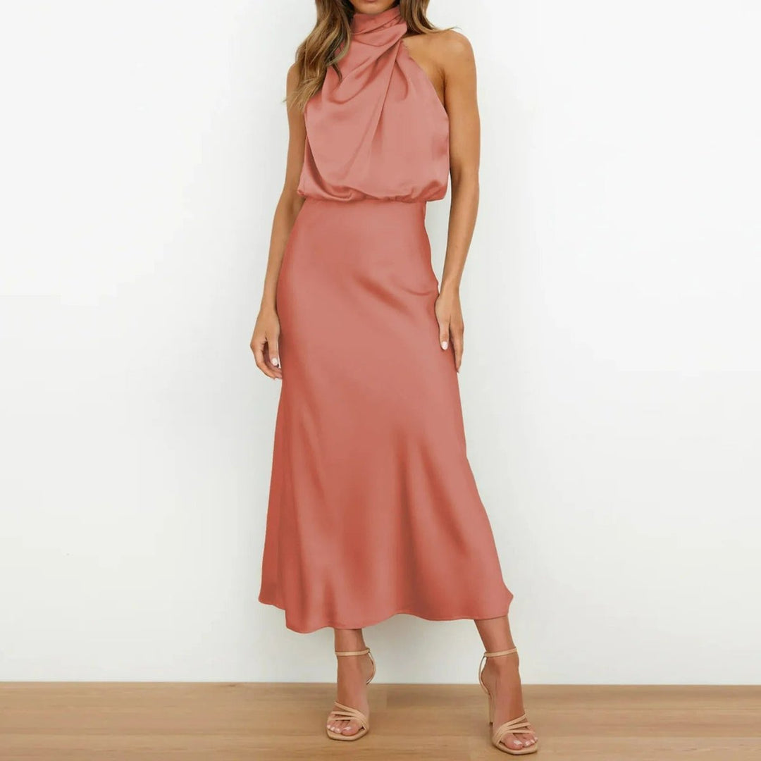 Women's Satin Halter Neck Fall Midi Dress Sleeveless