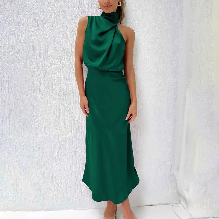 Women's Satin Halter Neck Fall Midi Dress Sleeveless