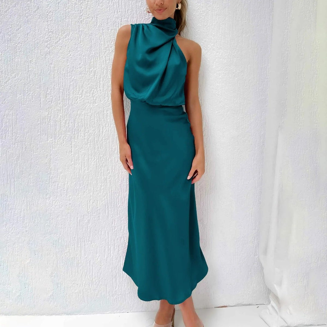 Women's Satin Halter Neck Fall Midi Dress Sleeveless
