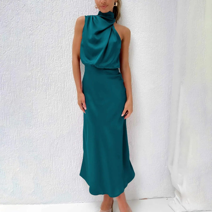 Women's Satin Halter Neck Fall Midi Dress Sleeveless