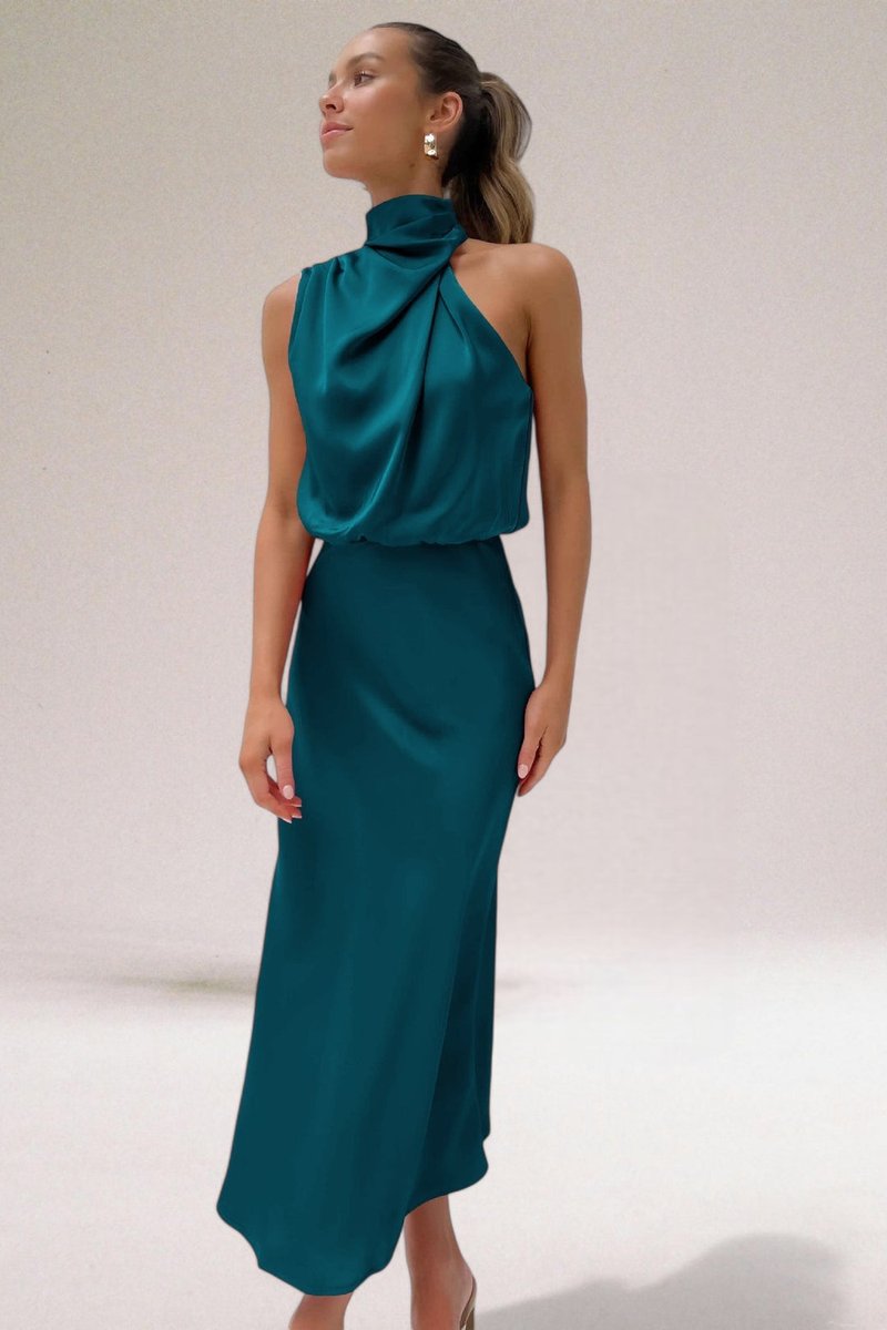 Women's Satin Halter-Neck Formal Dress Draped Midi
