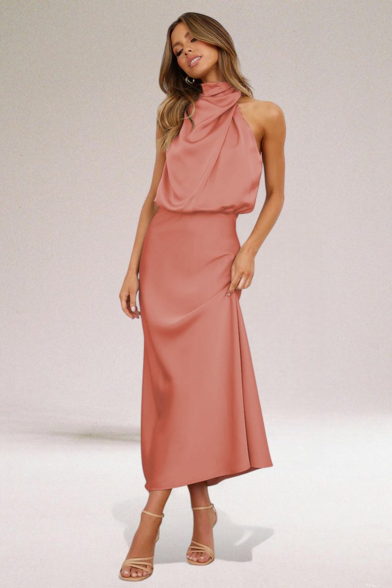 Women's Satin Halter-Neck Formal Dress Draped Midi