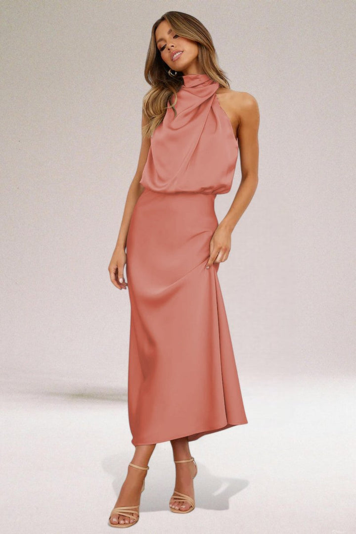 Women's Satin Halter-Neck Formal Dress Draped Midi