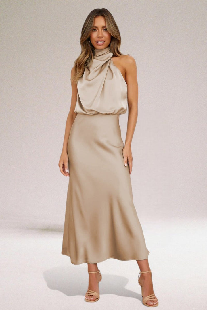 Women's Satin Halter-Neck Formal Dress Draped Midi