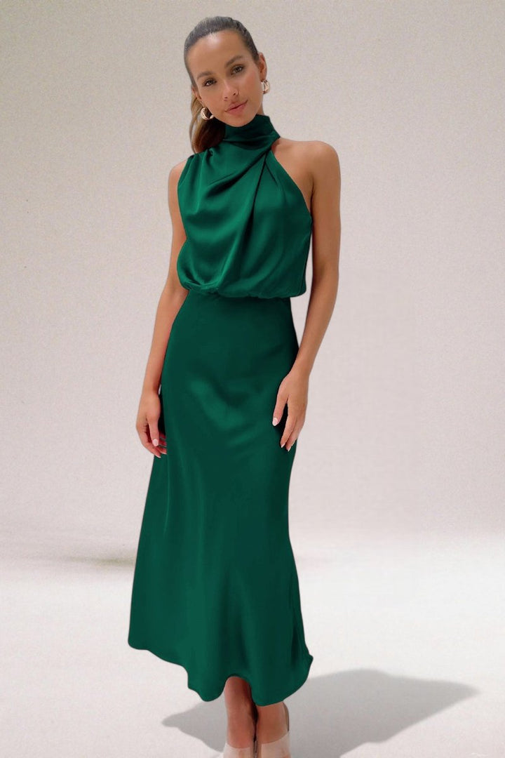 Women's Satin Halter-Neck Formal Dress Draped Midi