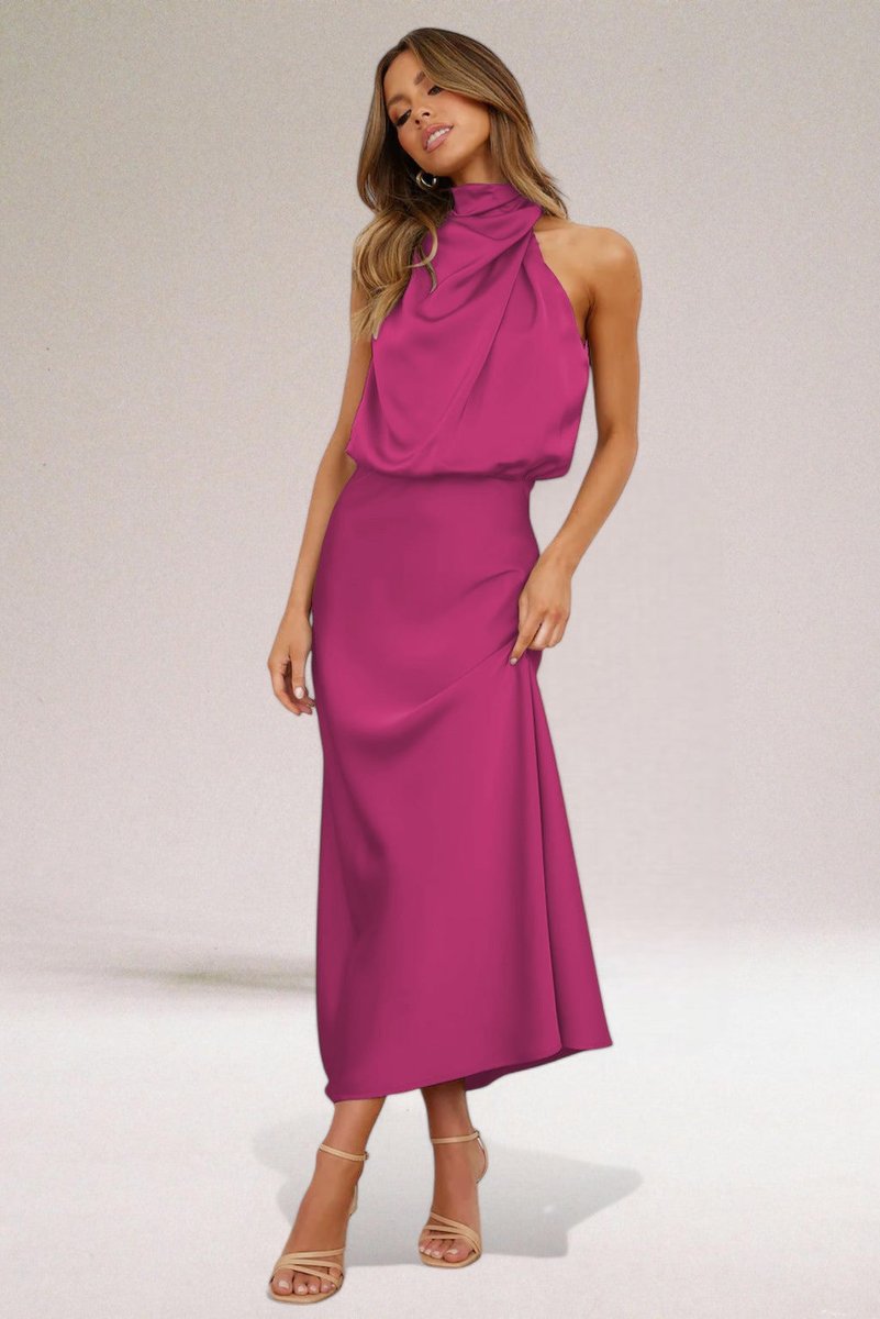Women's Satin Halter-Neck Formal Dress Draped Midi