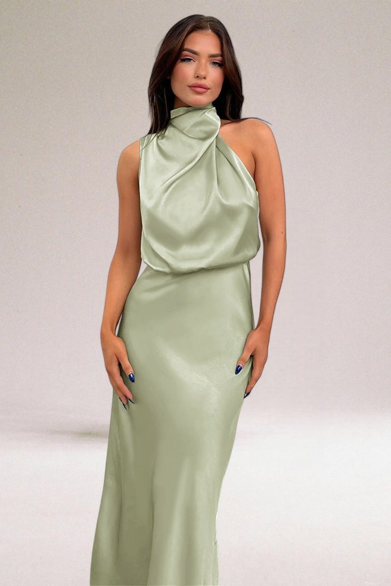 Women's Satin Halter-Neck Formal Dress Draped Midi