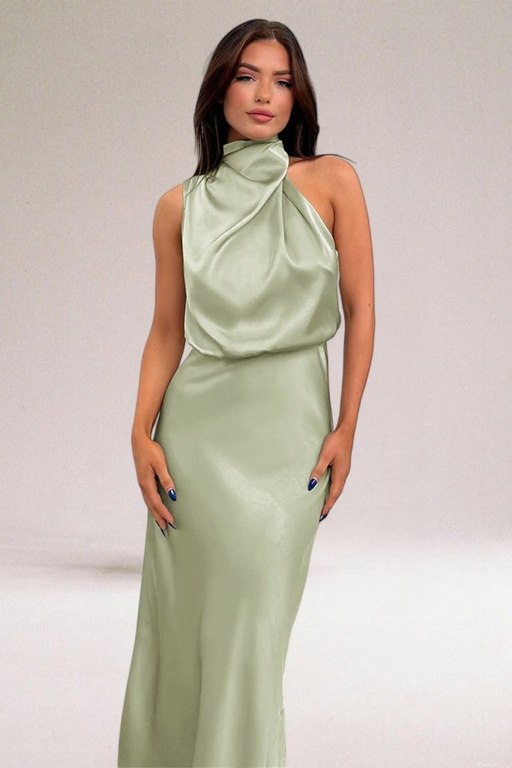 Women's Satin Halter-Neck Formal Dress Draped Midi