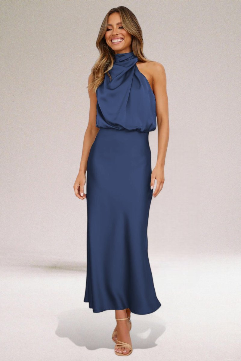 Women's Satin Halter-Neck Formal Dress Draped Midi