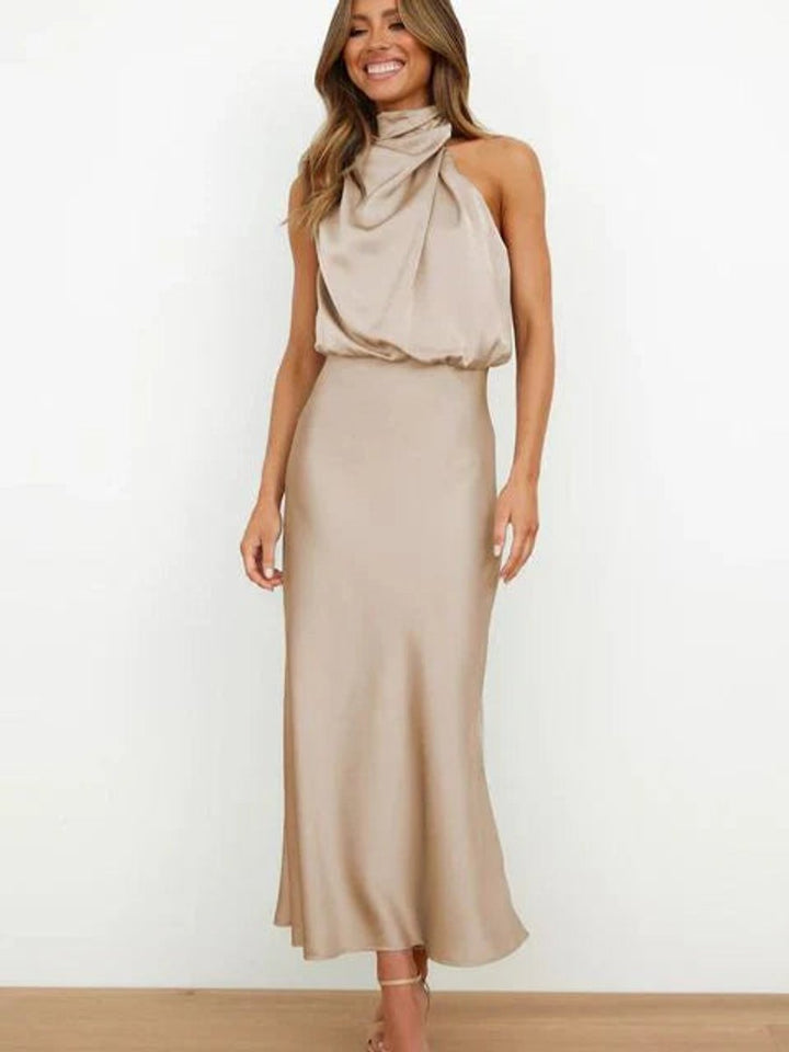 Women's Satin Halter-Neck Midi Formal Dress