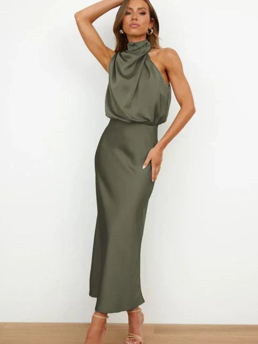 Women's Satin Halter-Neck Midi Formal Dress