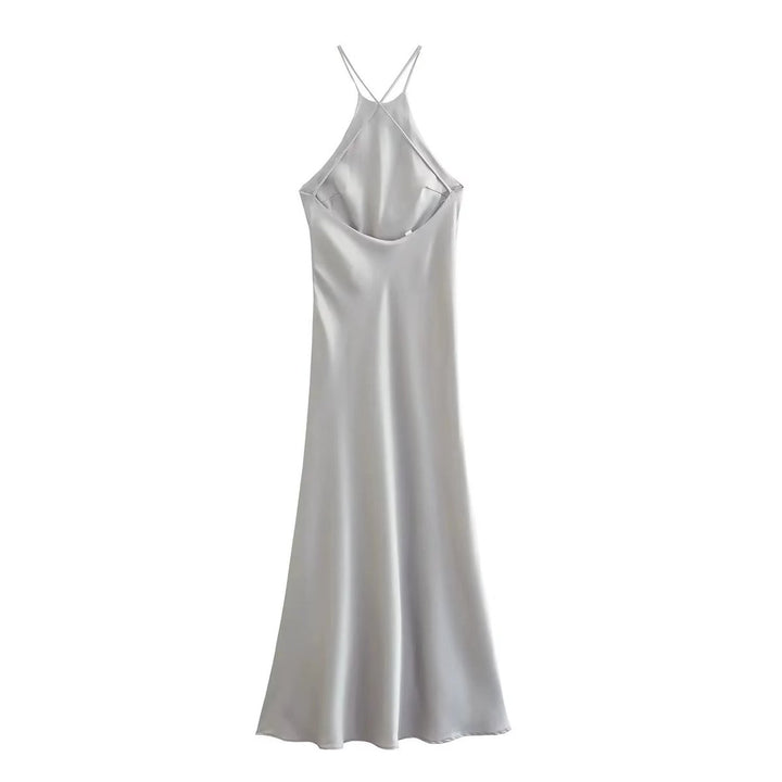Women's Satin Halter-Neck Midi Formal Dress