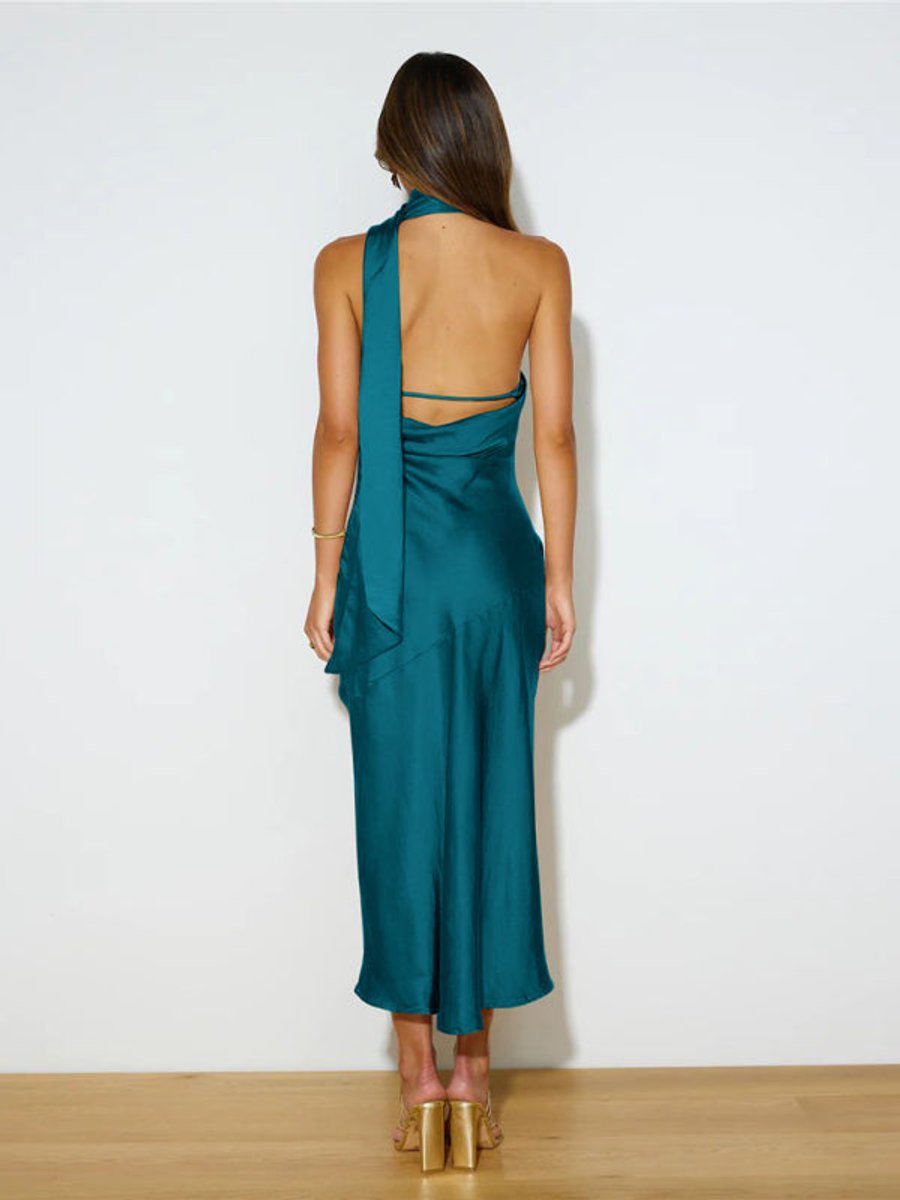 Women's Satin Halter-Neck Open-Back Fall Midi Dress
