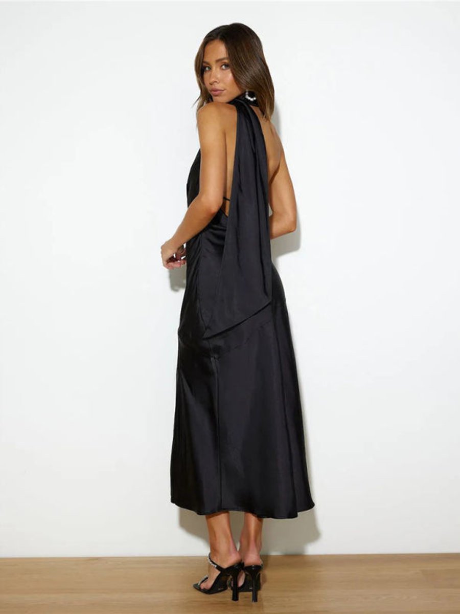 Women's Satin Halter-Neck Open-Back Fall Midi Dress