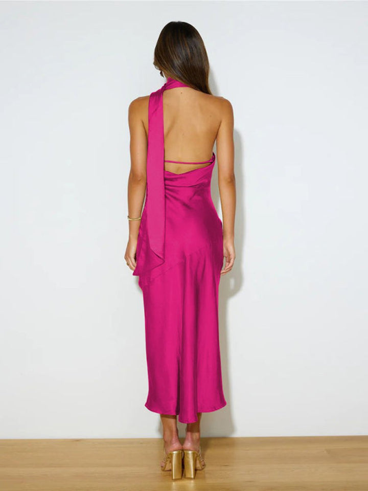 Women's Satin Halter-Neck Open-Back Fall Midi Dress