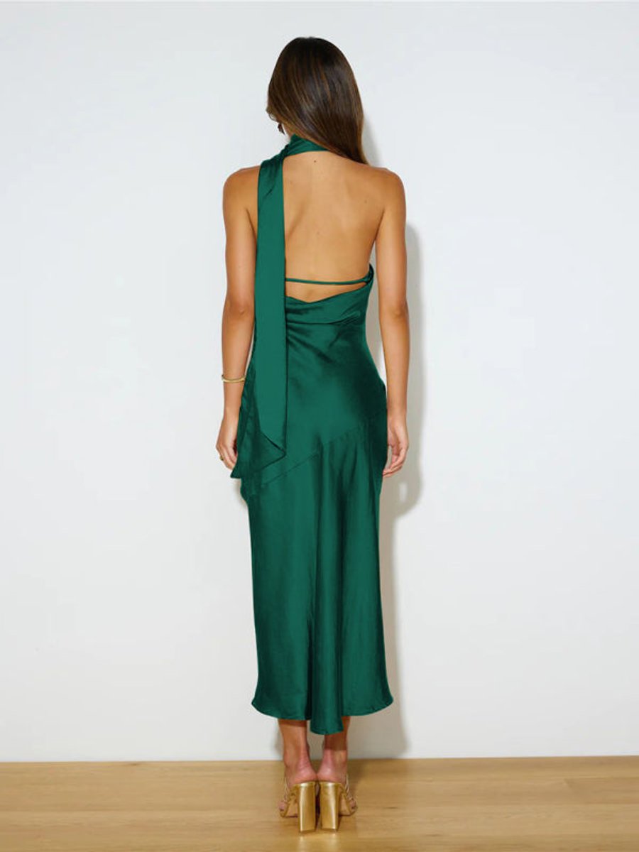 Women's Satin Halter-Neck Open-Back Fall Midi Dress