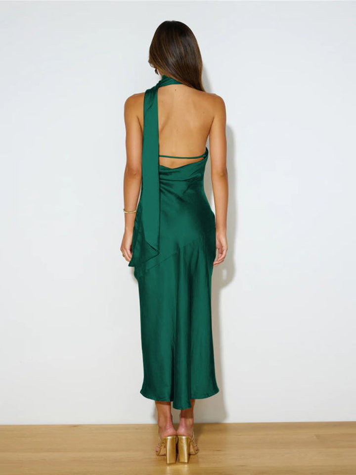 Women's Satin Halter-Neck Open-Back Fall Midi Dress