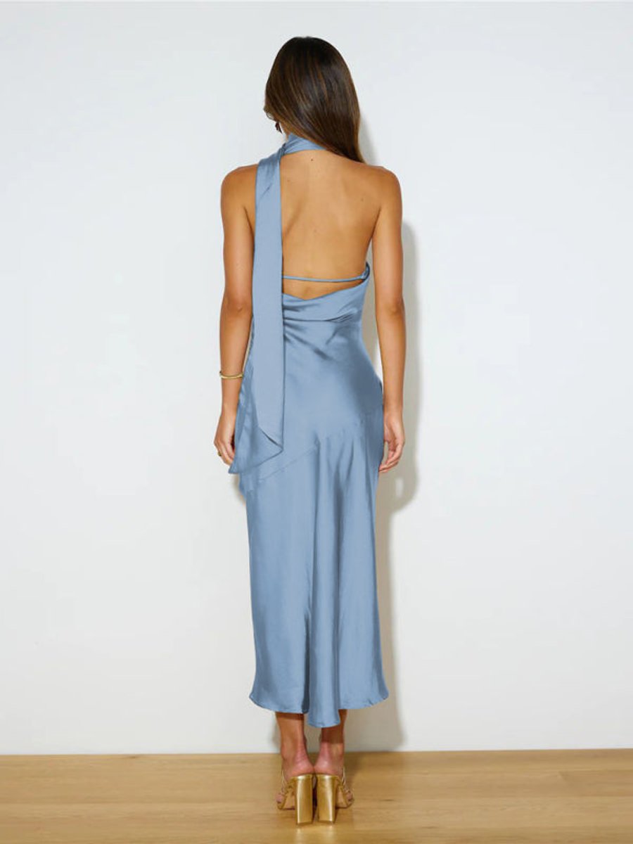 Women's Satin Halter-Neck Open-Back Fall Midi Dress