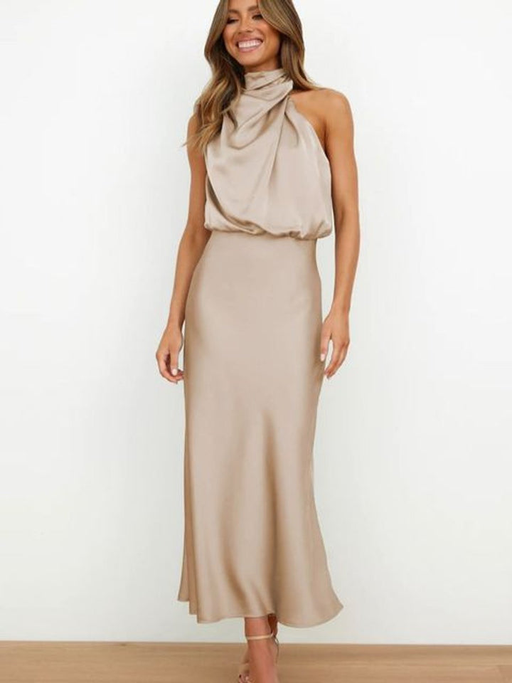 Women's Satin Halter-Neck Sleeveless Fall Midi Dress