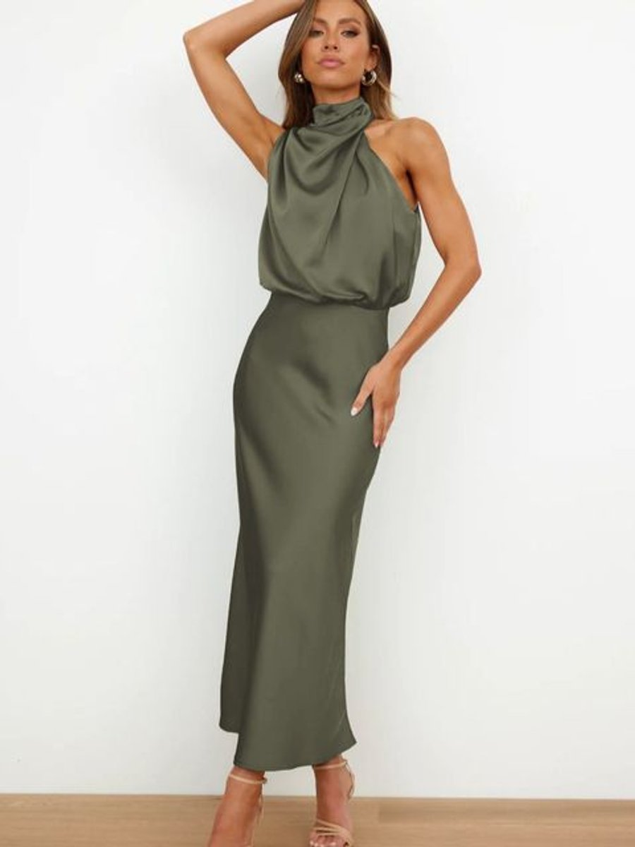 Women's Satin Halter-Neck Sleeveless Fall Midi Dress