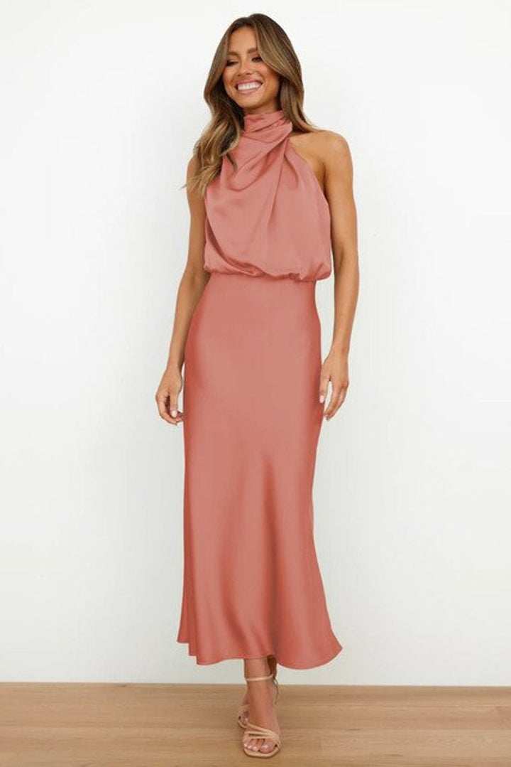 Women's Satin Halter-Neck Sleeveless Fall Midi Dress