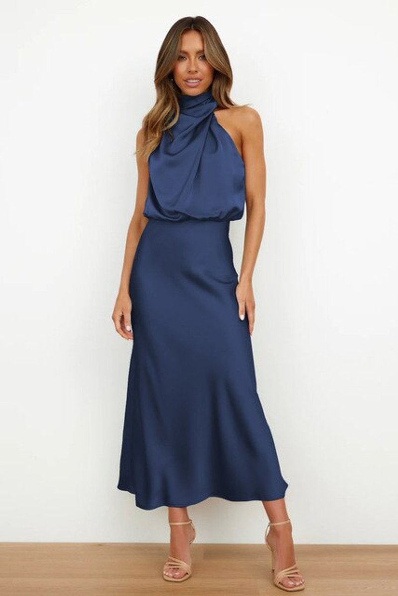 Women's Satin Halter-Neck Sleeveless Fall Midi Dress