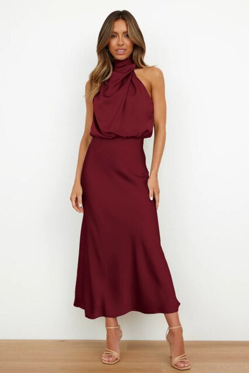 Women's Satin Halter-Neck Sleeveless Fall Midi Dress