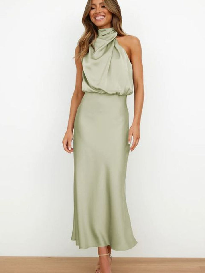 Women's Satin Halter-Neck Sleeveless Fall Midi Dress
