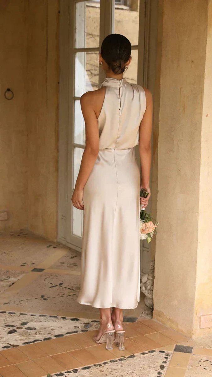 Women's Satin Halterneck Fall Midi Dress Draped High Neck