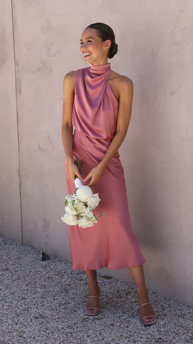 Women's Satin Halterneck Fall Midi Dress Draped High Neck
