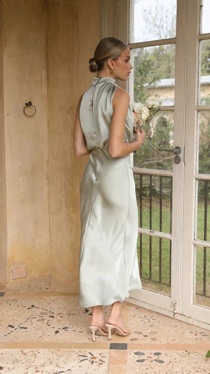 Women's Satin Halterneck Fall Midi Dress Draped High Neck