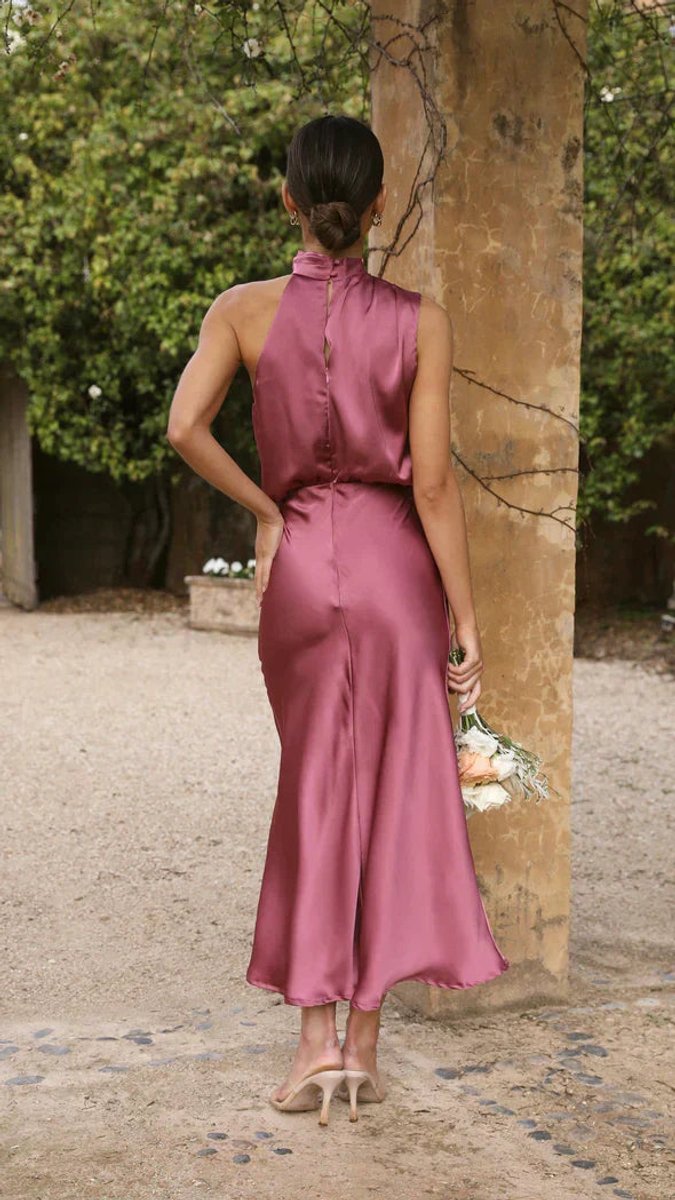 Women's Satin Halterneck Fall Midi Dress Draped High Neck