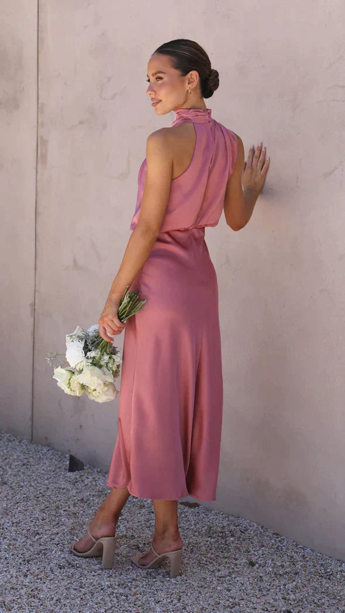 Women's Satin Halterneck Fall Midi Dress Draped High Neck