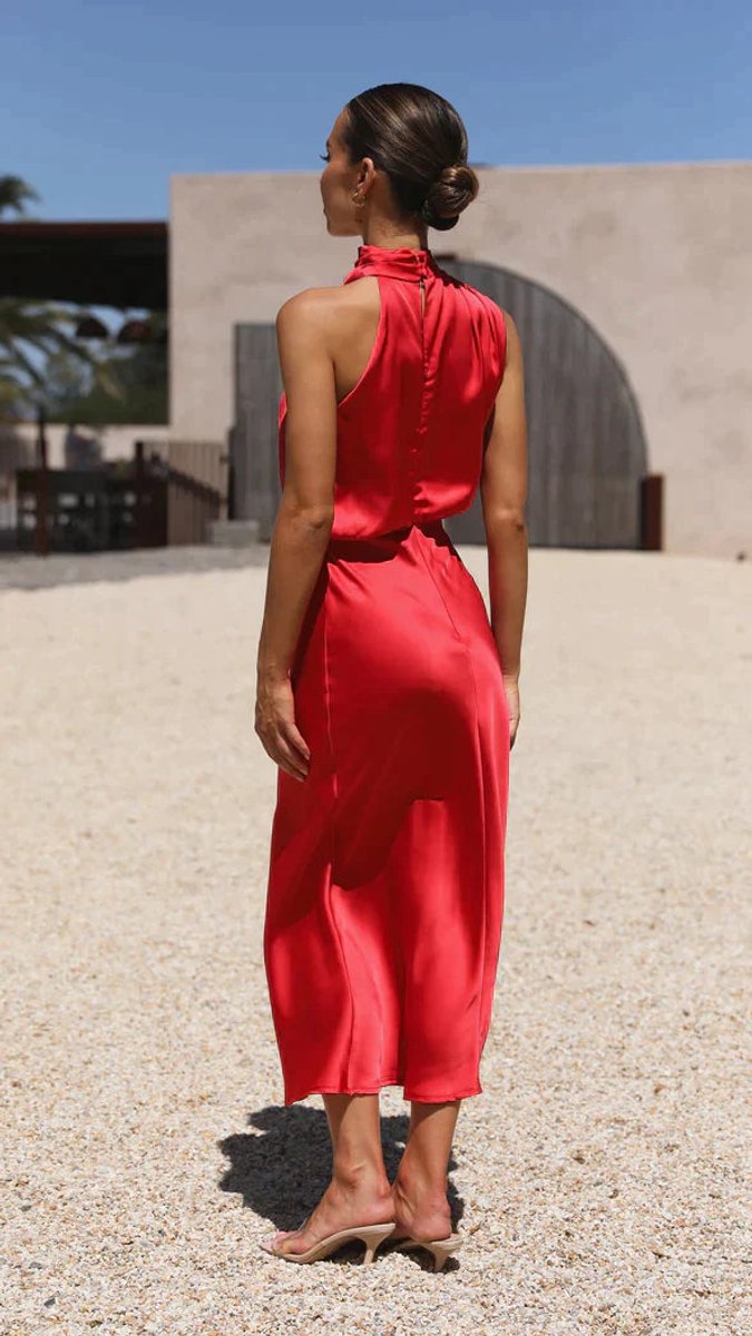 Women's Satin Halterneck Fall Midi Dress Draped High Neck