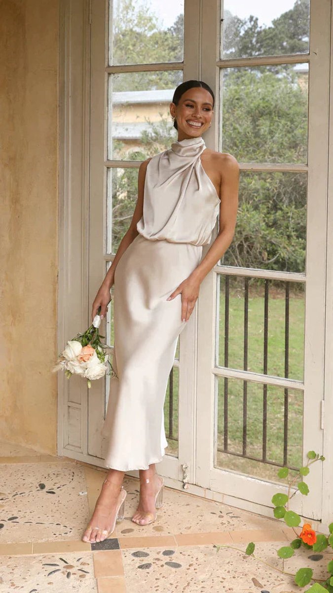 Women's Satin Halterneck Fall Midi Dress Draped High Neck