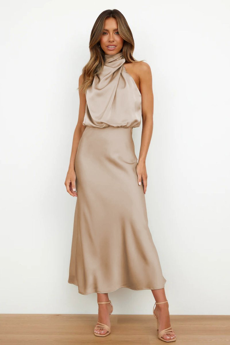 Women's Satin Halterneck Maxi Formal Dress Sleeveless