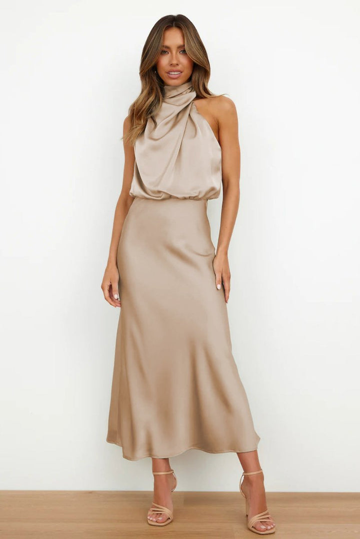 Women's Satin Halterneck Maxi Formal Dress Sleeveless