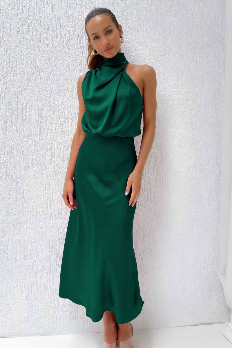 Women's Satin Halterneck Maxi Formal Dress Sleeveless