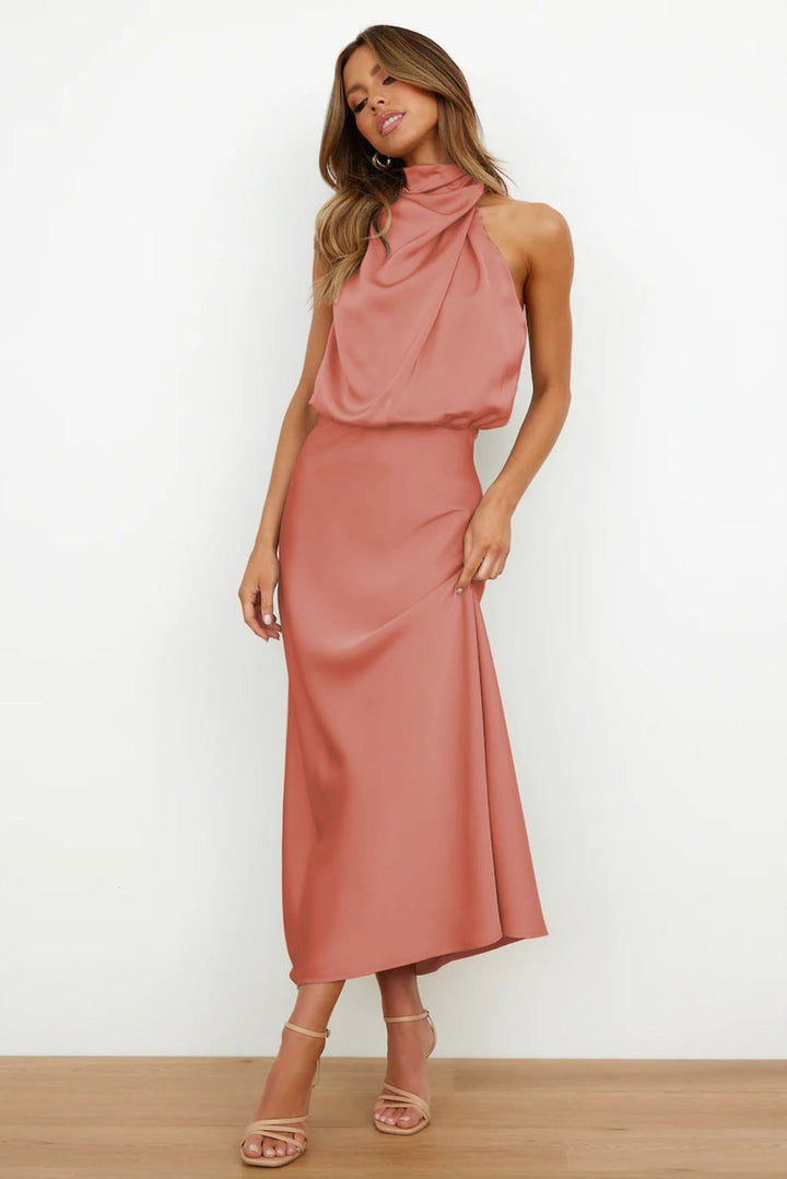 Women's Satin Halterneck Maxi Formal Dress Sleeveless