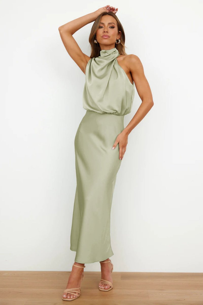 Women's Satin Halterneck Maxi Formal Dress Sleeveless