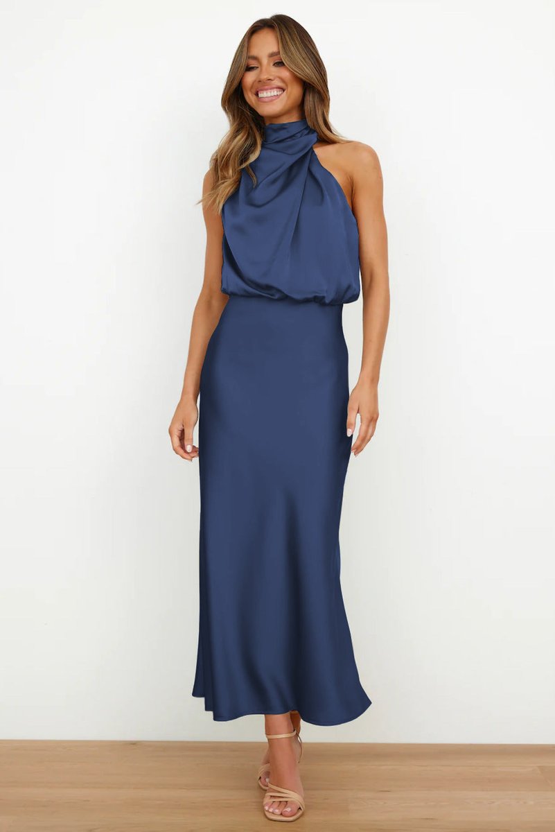 Women's Satin Halterneck Maxi Formal Dress Sleeveless