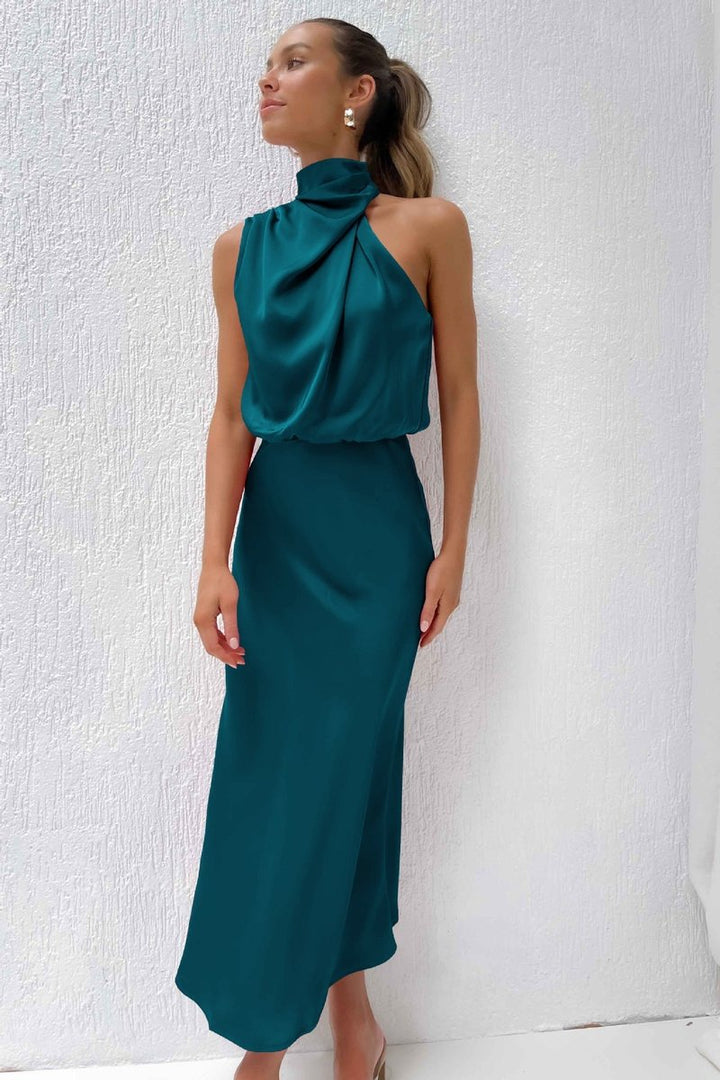 Women's Satin Halterneck Maxi Formal Dress Sleeveless