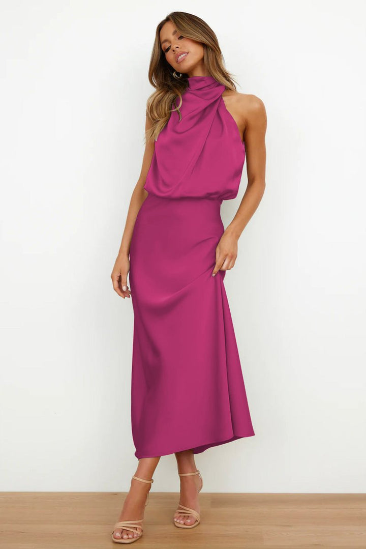 Women's Satin Halterneck Maxi Formal Dress Sleeveless